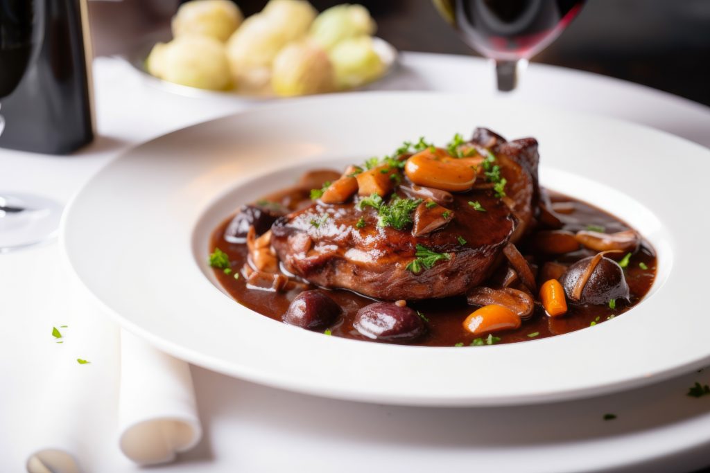 viande cuisinée dans une sauce au vin rouge